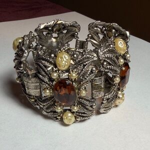 Victorian Revival Faux Pearl Amber Rhinestone Statement Bracelet Chunky Boho